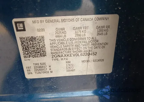 2020 Chevrolet Equinox Fwd Lt 1.5L Turbo из США, поврежденный, VIN 2GNAXKEV0L6220452